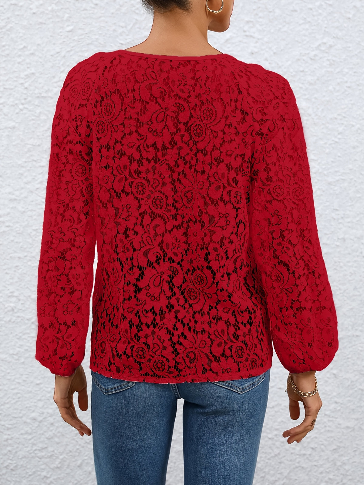 Ladies' clothing, casual fashion, elegant, transparent, solid color long sleeved, lace, solid color shirt - Red