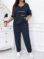 Plus Size Women'S Graphic Print 2pcs Outfit Set, V-Neck Raglan Sleeve Long Sleeve Tee And Elastic Waist Jogger Pants, Casual Loose Loungewear, Fall Winter Daily Wear - Navy Color