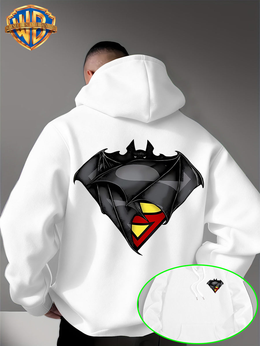 WB Warner Bros DC Official Justice League Superman-Batman Fusion Logo Hooded Sweatshirt - -Lined Hoodie Suitable for Men & Women, Unisex Couple's Gift, Adjustable Drawstring Hood, Iconic Logo Print for Casual Winter Wear, Machine Washable - White