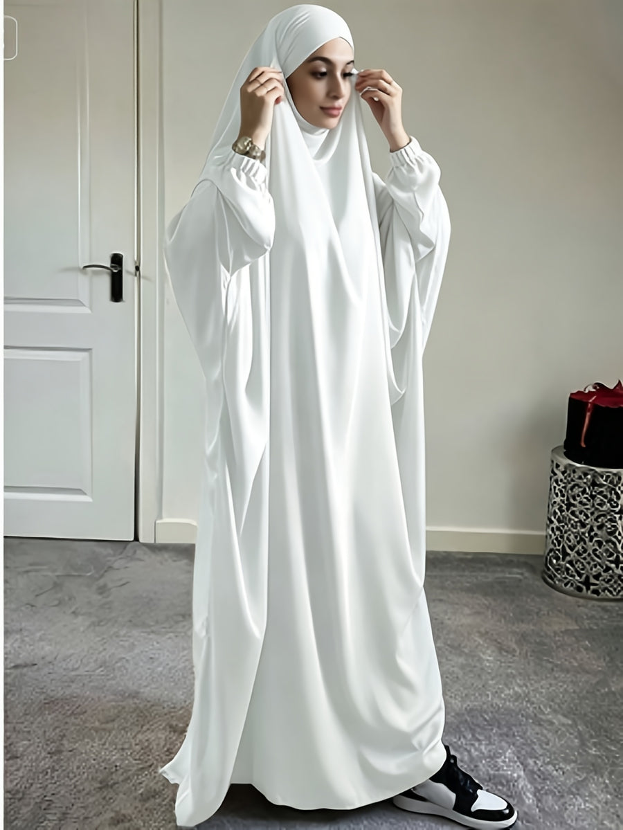 1pc Jilbab, 1pc Khimar with a Rich Drape, Cuffed Sleeves, and a Loose Fit, Suitable for Busy Daily Wear or Worship - White