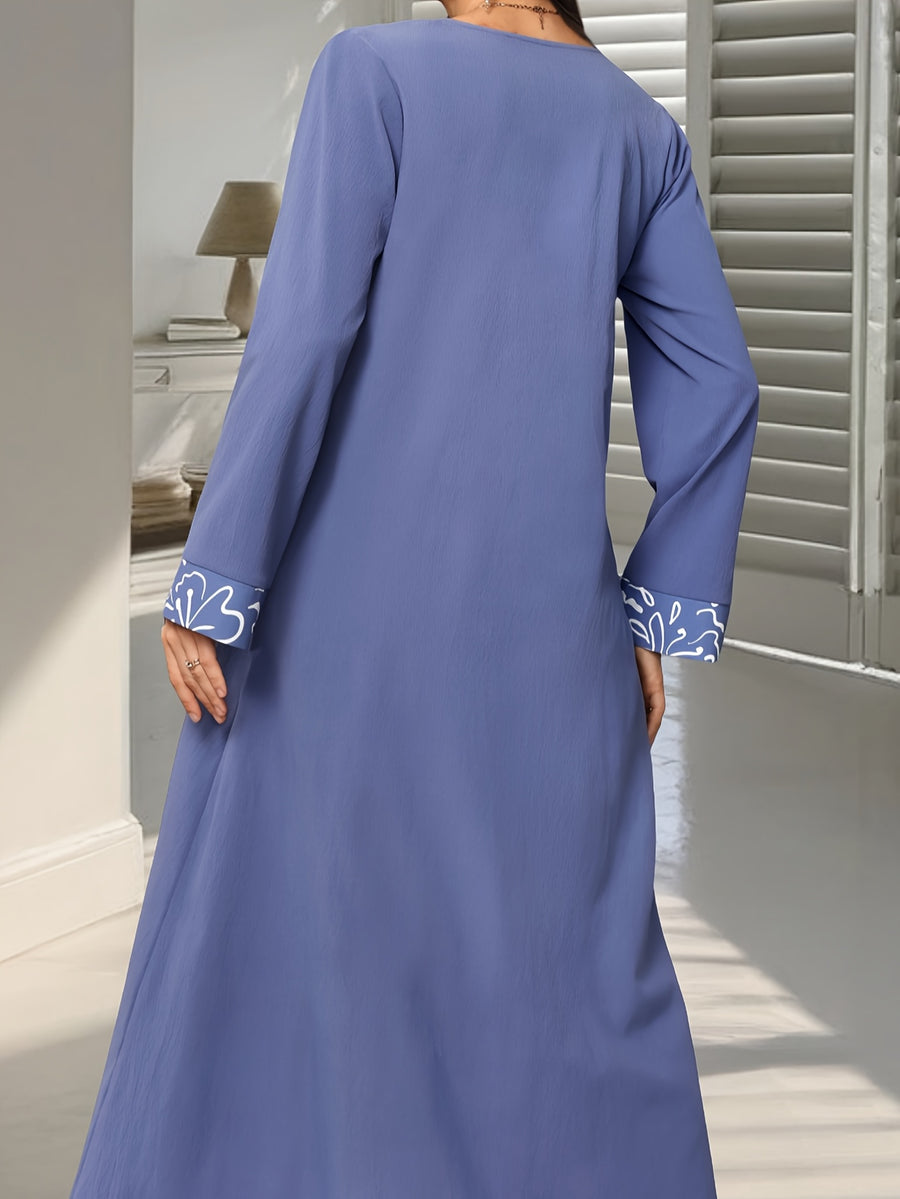 2026 Spring New Arrival Women's Long Sleeve Patchwork Maxi Dress with Pockets, Elegant Lady's Positioning Print Loose Long Dress Gown - Blue