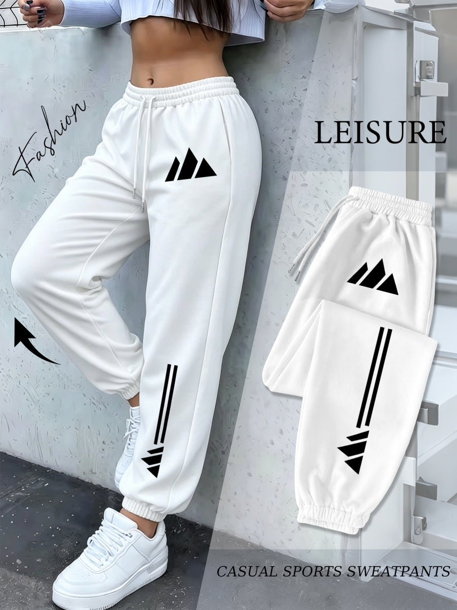 American High Street Style Mountain Triangle Geometric Three-Stripe Print Drawstring Ankle-Cinching Sweatpants for Women, Loose And, Jogging Pants, Soft And Comfortable, Non-Pilling, Versatile Casual Long Pants - White