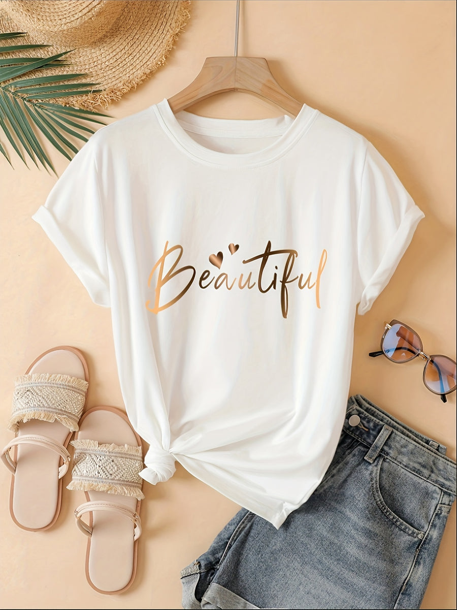 Spring Summer Easy Round Neck Fashion Loose Versatile Casual Short Sleeve T-Shirt Heart Letter Women'S Top Pattern - White