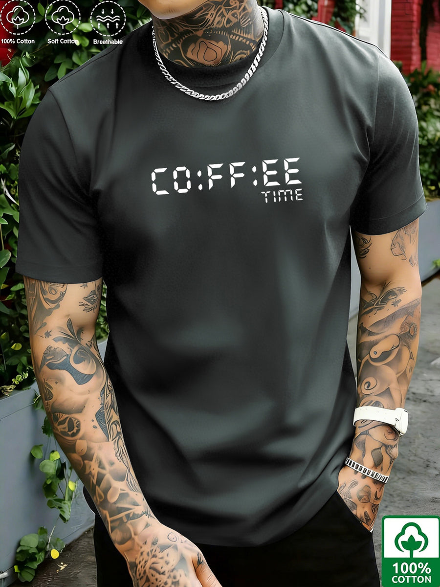 Pixel Art Style Coffee Time Men's Pure Cotton T-Shirt, "CO:FF:EE TIME" Letter Print, Features a Simple Everyday Vibe, Breathable and Skin-Friendly for No Sweaty Feel, High Elasticity with No Deformation, Versatile Crew Neck Fit for a Slimming Look - Dark Gray