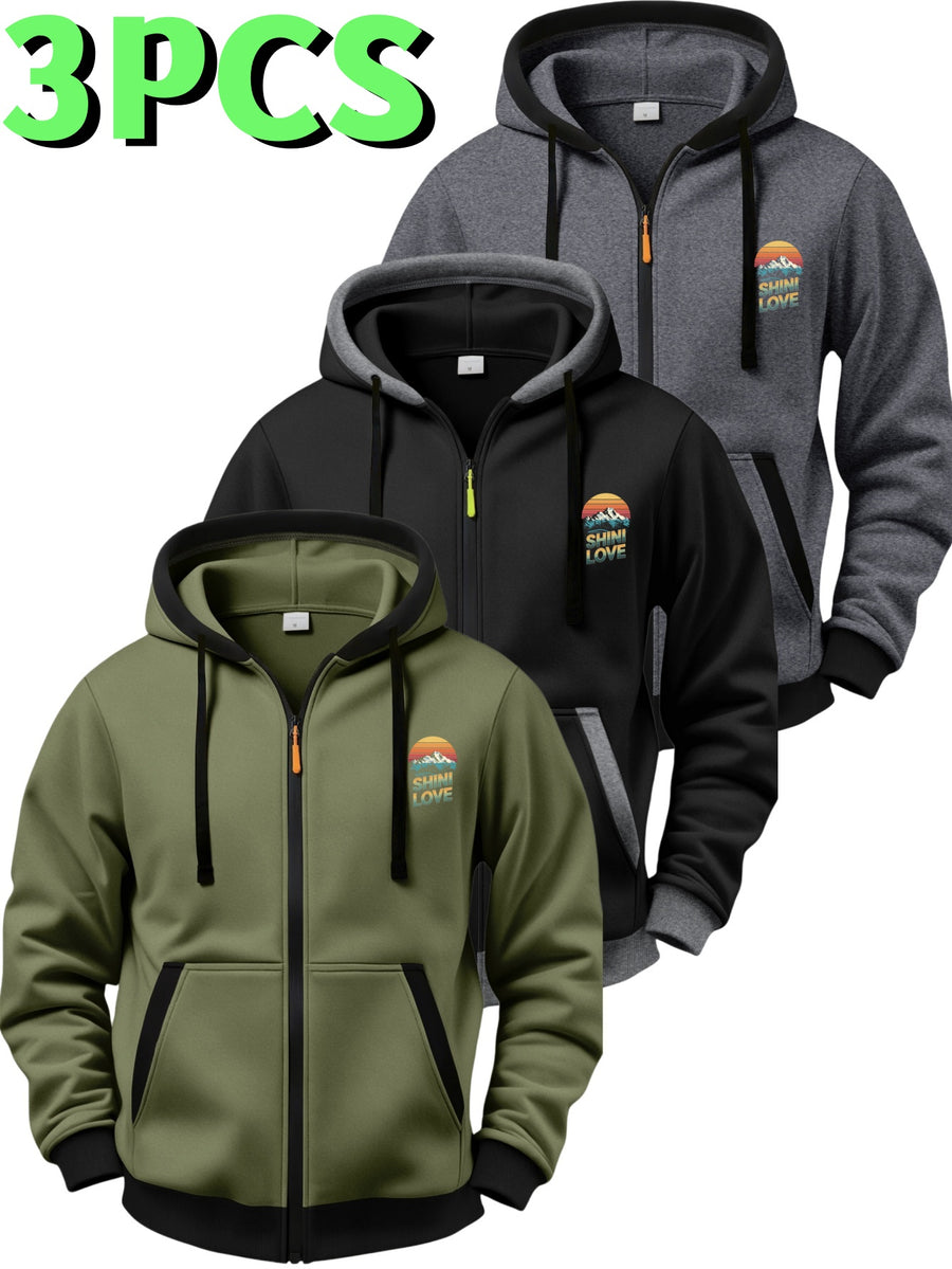 3pcs Set Vintage Sunset Mountain Peak Letter Small Print Zip-Up Hooded Sweatshirt for Men and Women, Spring/Autumn Contrast Trim Full-Zip Cardigan Jacket, Outdoor Mountain Style Loose Fit Casual 3pcs Versatile Zip-Up Hoodie Set - Dark gray + black + military green