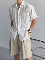 Men's American Vintage Textured Pocket Fashionable Comfortable Casual Short-Sleeve Shirt - White