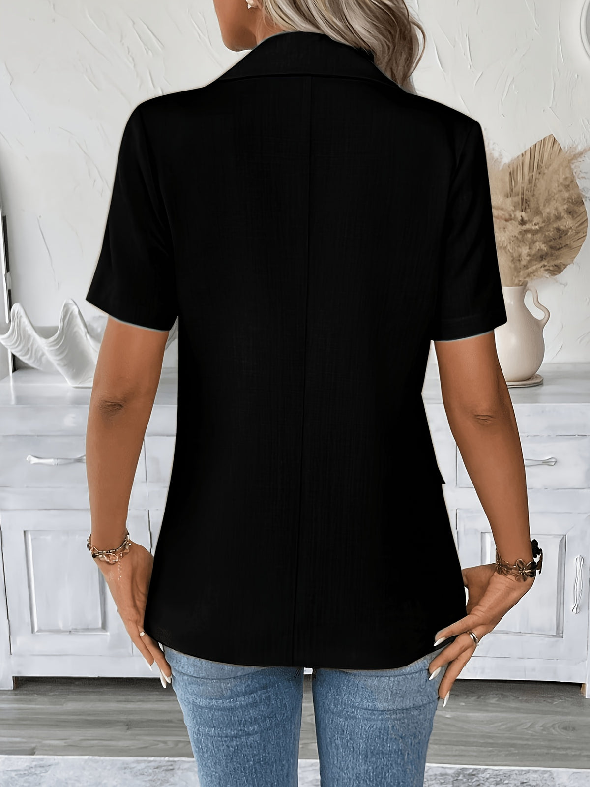 Spring and Summer Fashion Commute Solid Color Short Sleeve Blazer Women's Top for a Sharp and Professional Look - Black