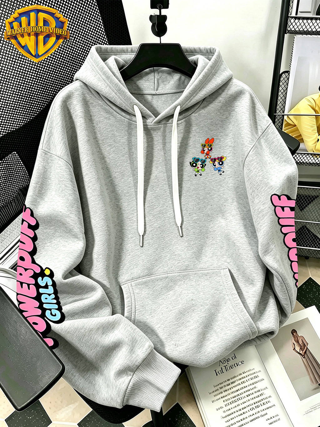 [Warner Bros] Officially Licensed Cute Powerpuff Heart Pattern Print Hoodie - Men'S Fashion Sweatshirt, Adjustable Drawstring Loose Comfortable Hoodie, Suitable for Daily And Outdoor Wear, Perfect Choice for Warmth in Autumn And Winter! Unisex - Light Grey