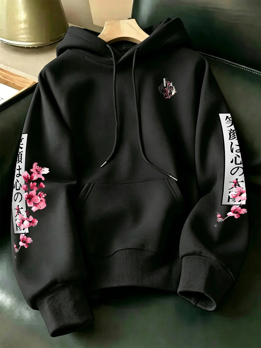 Men's New Fashion Hooded Sweatshirt, Cherry Blossom Samurai Sword Yin Yang Koi Japanese Washoku Style Print with Multi-Pattern Design, Large Pocket Hoodie with Adjustable Drawstrings, Comfortable and Versatile Pullover Hoodie with Kangaroo Pocket - Black