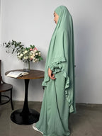 2pcs Set: Middle East Dubai 2pcs Set, Including 1 Solid Color Long Headscarf + 1 Long Robe, Women's Fashion Loose Robe Ramadan Prayer Outfit - Green