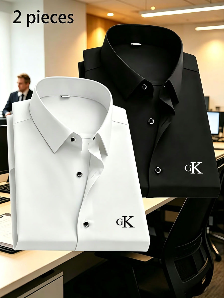 2 Men'S Spring And Autumn Fashion Long-Sleeve Printed Shirts, Casual, Breathable, High-Quality, Anti-Wrinkle Shirts, Suitable for Business And Office Wear - Light white+black