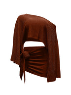Women's Summer Versatile Elegant Off-Shoulder Top and Skirt 2pcs Set, Cross-Back Top, Fashionable Vacation and Date Outfit Set, Versatile Women's Top, Women's Summer Clothing, Summer Women's Apparel, Base Layer, Dress, Pullover, Long-Sleeve Top - Red-brown