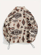 Women's Ethnic Print Microfleece Plush Zip-Up Jacket - Apricot