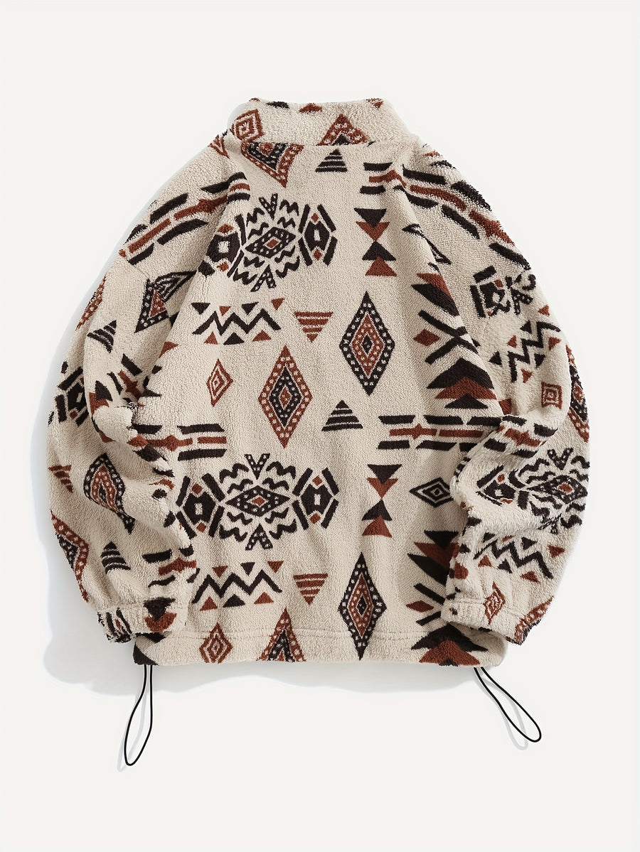 Women's Ethnic Print Microfleece Plush Zip-Up Jacket - Apricot