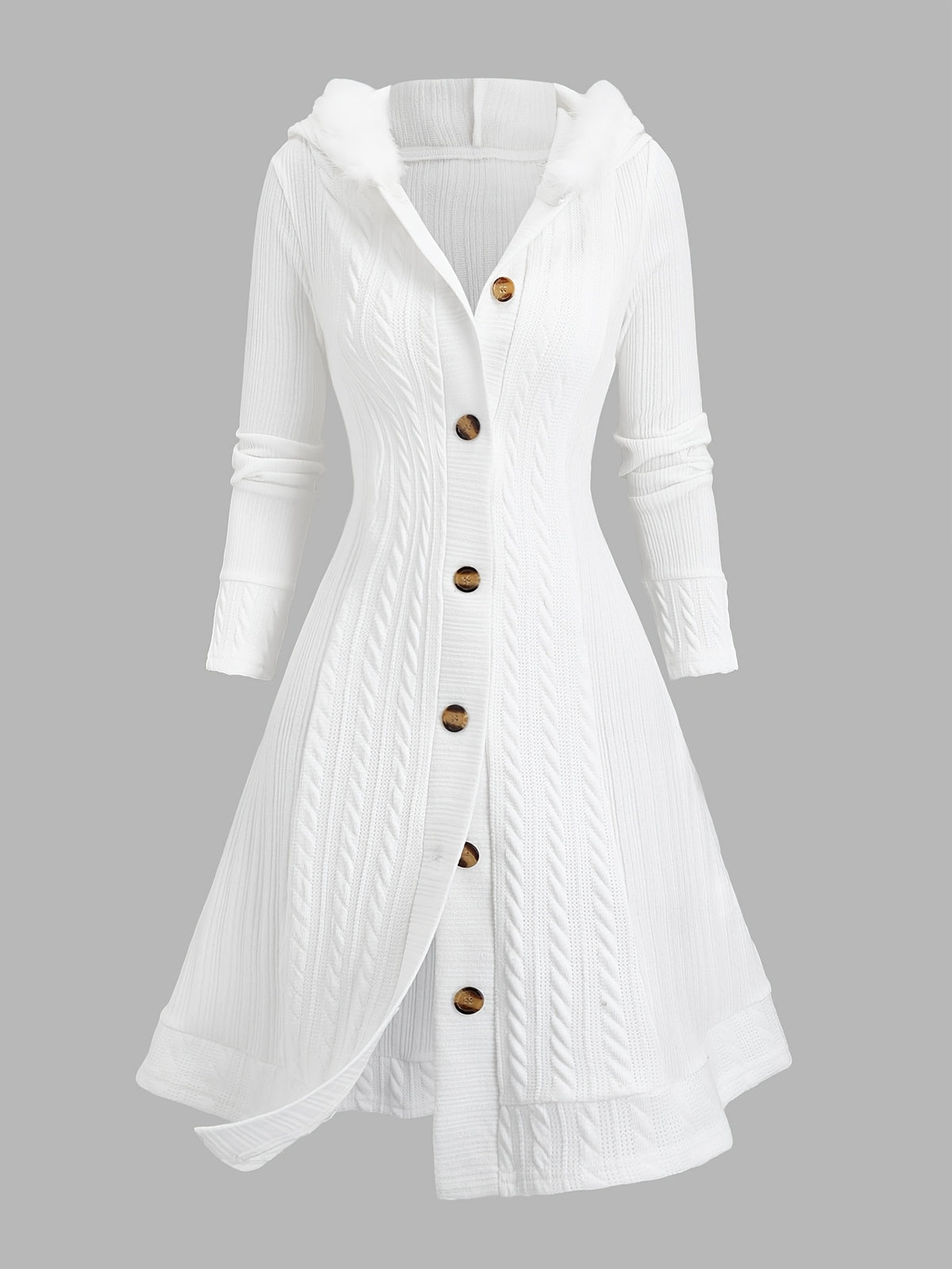 Y2K Cable Plaid Patchwork Hooded Button-Up Long Cardigan - White