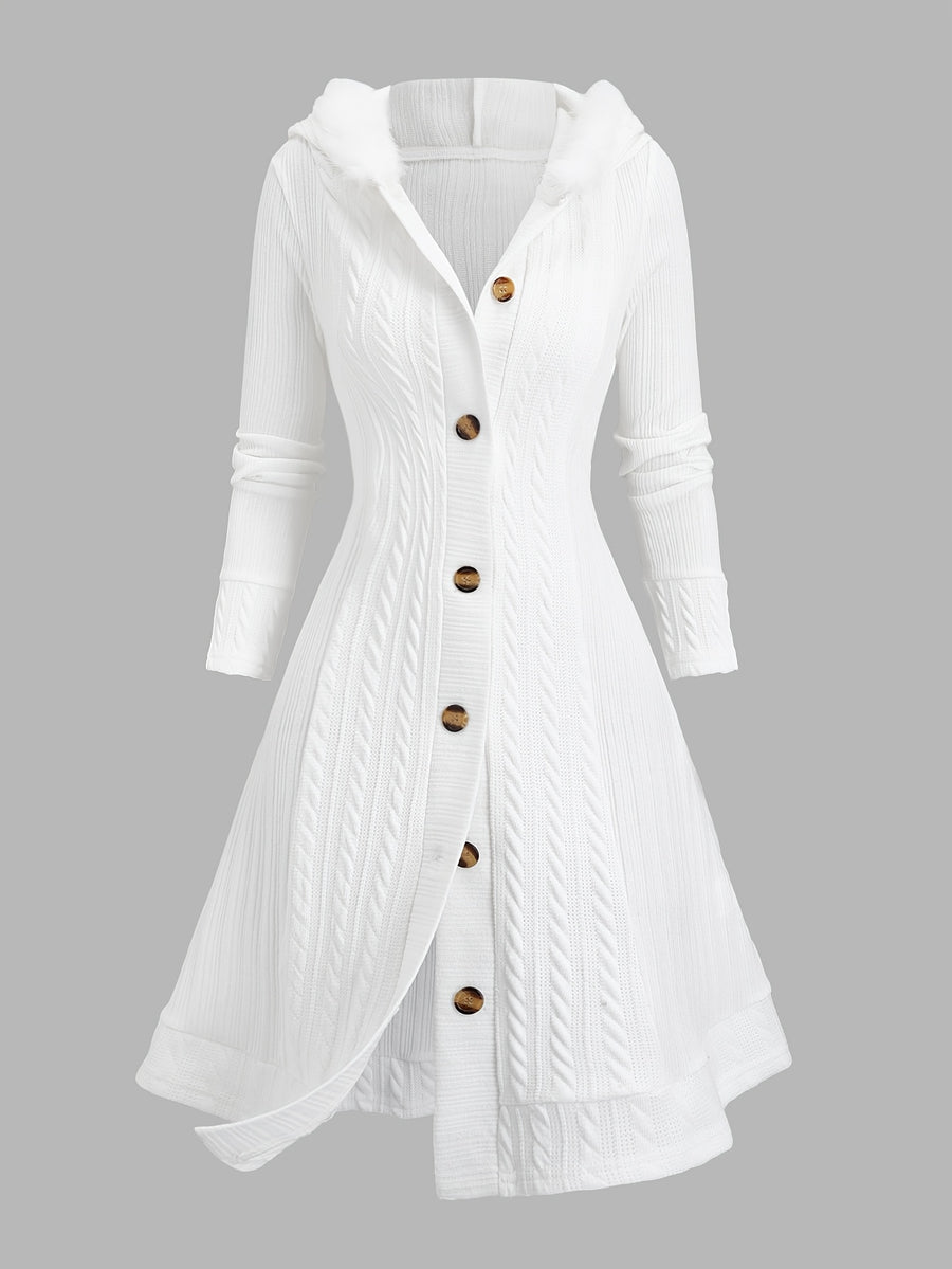 Y2K Cable Plaid Patchwork Hooded Button-Up Long Cardigan - White