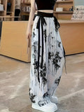 Elegant Bamboo Print Wide-Leg Pants, Casual Spring/Autumn Long Pants, Women's Clothing - White