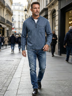 Men'S New Spring And Autumn Henley Collar Denim Shirt, Vintage Washed And Faded Blue Long Sleeve Top, Half-Placket 3-Button Design, Casual Shirt with Side Single Pocket, Versatile for Daily Commute, Wearable As Inner Or Outer Layer - Navy Color