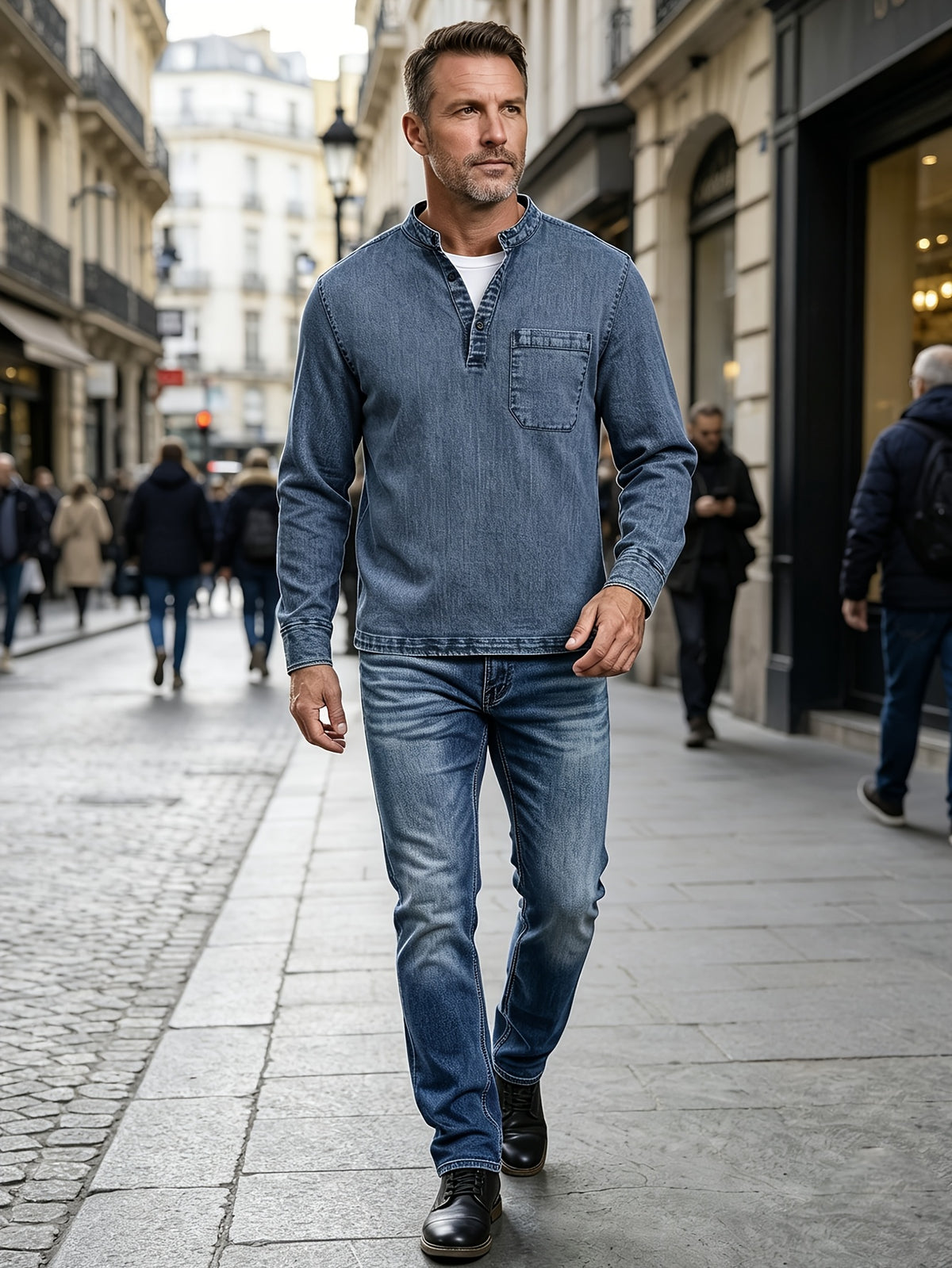 Men'S New Spring And Autumn Henley Collar Denim Shirt, Vintage Washed And Faded Blue Long Sleeve Top, Half-Placket 3-Button Design, Casual Shirt with Side Single Pocket, Versatile for Daily Commute, Wearable As Inner Or Outer Layer - Navy Color