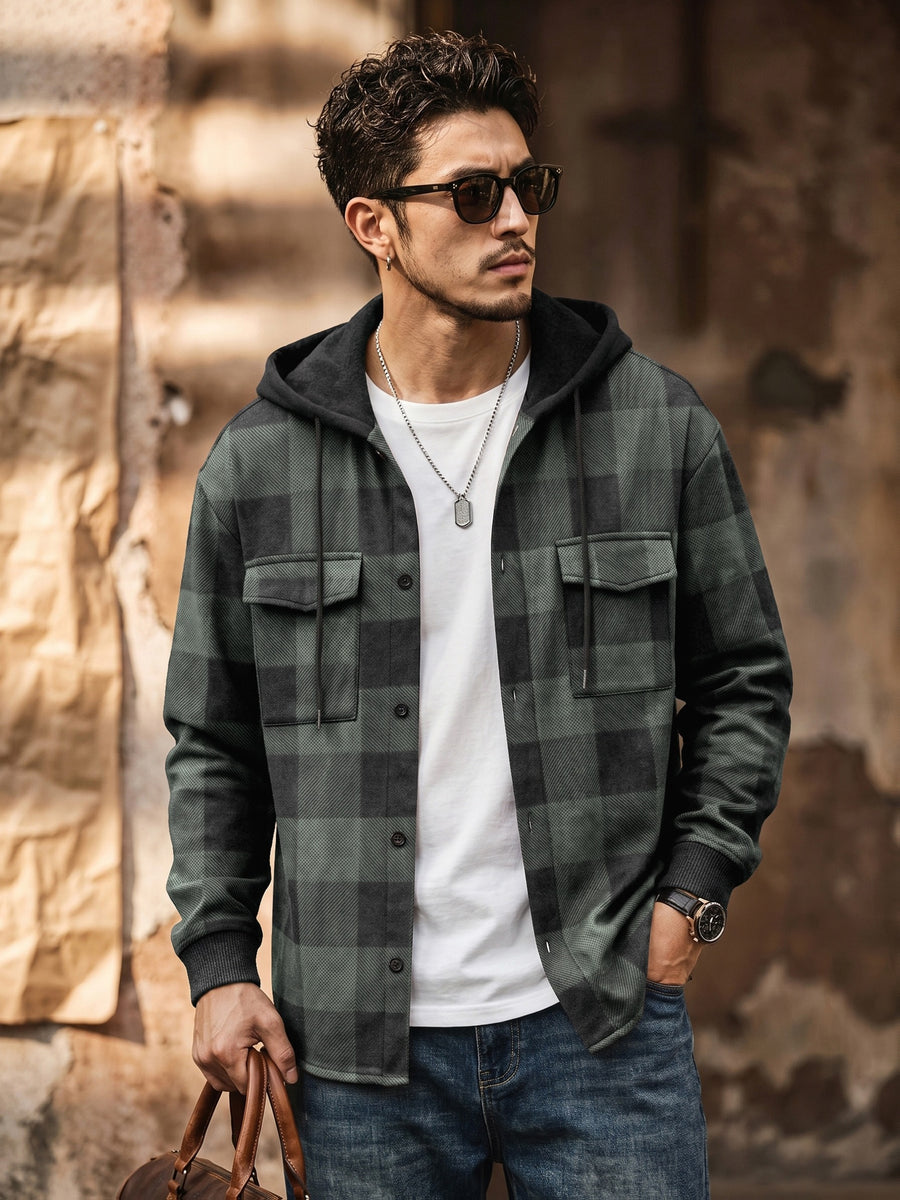 Men's Vintage Plaid Jacket, Men's Casual -Lined Shirt Jacket, Single-Breasted with Hood, Long Sleeve Outerwear, Men's Top, New Spring/Autumn Men's Outerwear - Grey