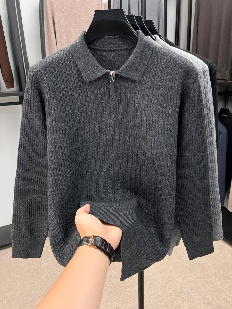 Xingfan Autumn/Winter Men's Ribbed Cable Knit Lapel Pullover Casual 4/1 Zipper Thickened Warm Long-Sleeve Sweater - Dark Gray