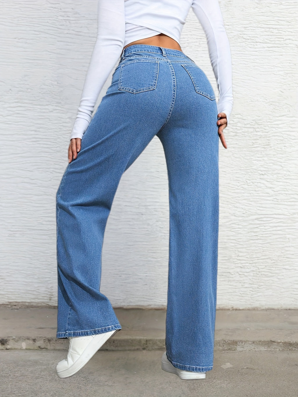 Blue Trendy Women'S Stretch Loose Jeans Wide-Leg Pants - Blue