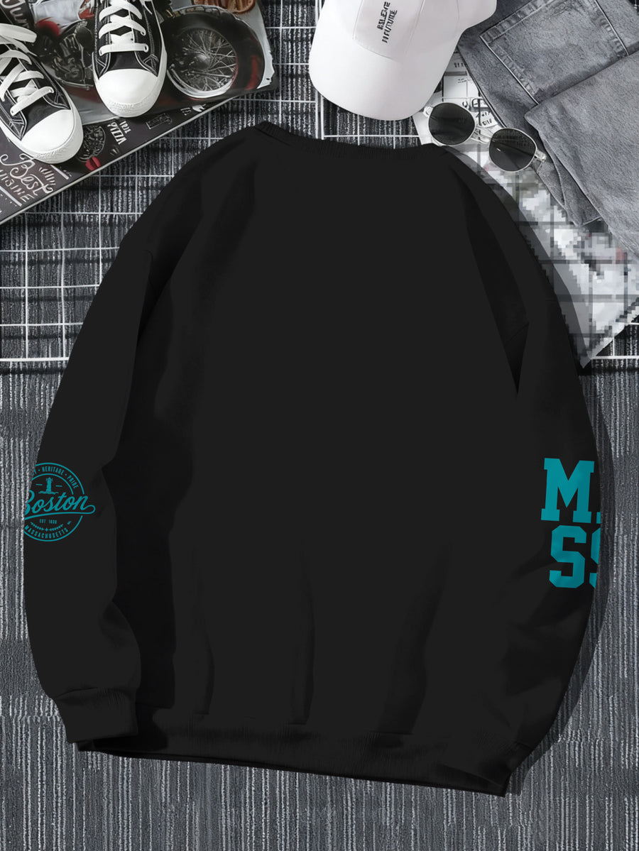 Men's Street Style Cool Crew Neck Sweatshirt, American Street Style Letter Print Casual Travel Fashion Wear - Black