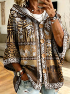Plus Size - African Print Plus Size Hooded Sweatshirt, Leopard Elephant Patchwork Print with Wood Buttons. Western Vintage Style Loose Fit, Ethnic Couple Jacket, Showcasing Bohemian Fashion Charm - Multicolor 1
