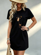 Printed Design Not Textured, Casual Ladies Dress, Giraffe Print, Daily Wear, Gift for Her - Black