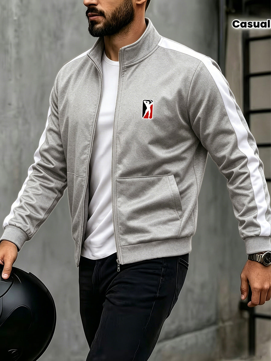 Spring/Autumn Men'S Stand-Up Collar Zip-Up Casual Jacket, Contrast Striped Sleeve Design Adds Layering, Chest Athletic Figure Print Easy And Energetic. Fabric Is Soft And Flowing, Non-Stuffy, Fit Various Body Types, Suitable for Sports, Commuting - Grey