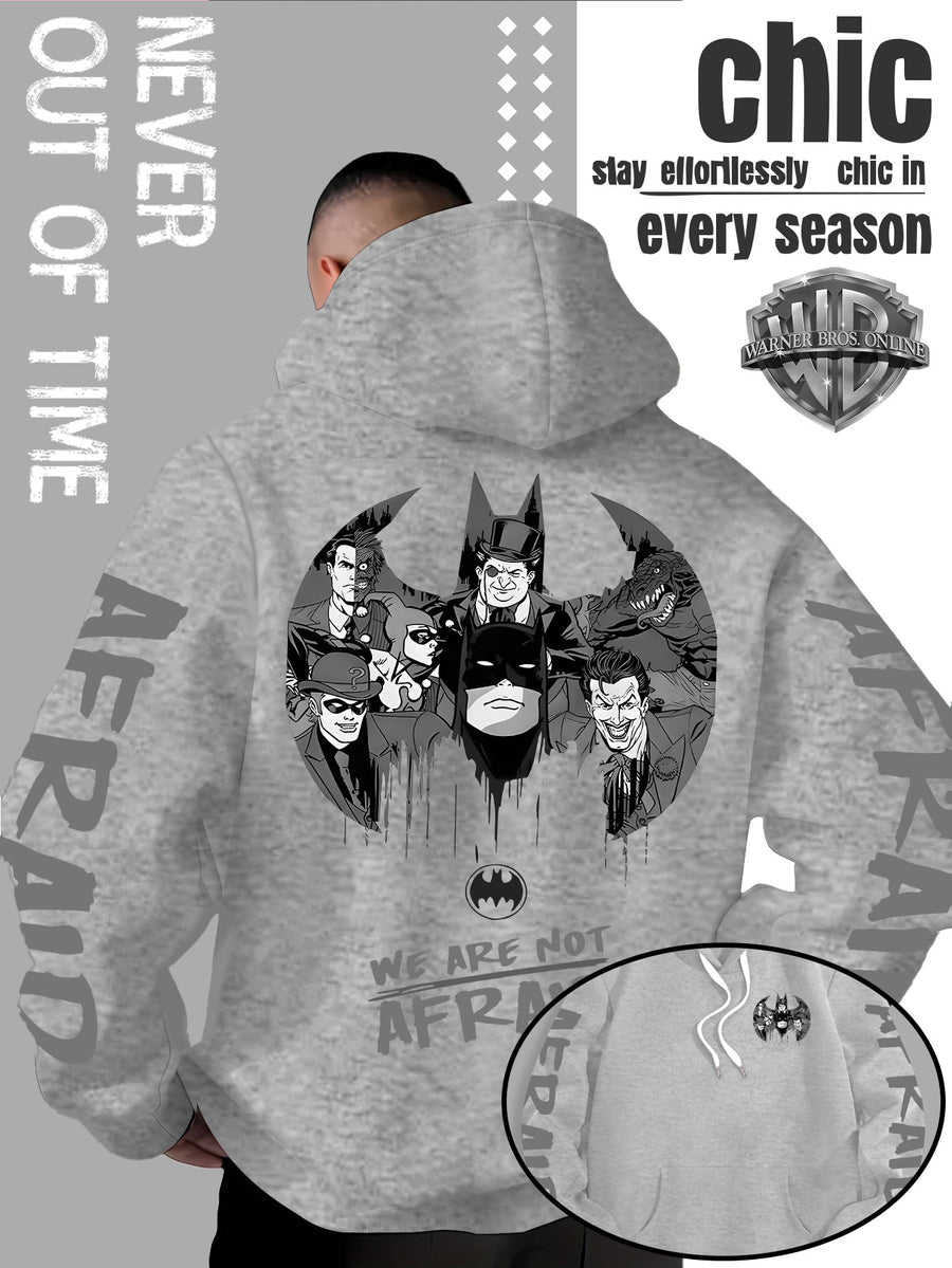 Men'S Hooded Sweatshirt Superhero Villain Group Black And White Comic Print, Batman Good And Evil Characters Gathered Design, Themed English Slogans And Rich Visuals, Dual Sleeves with Eye-Catching Graffiti Art Font - Light Grey