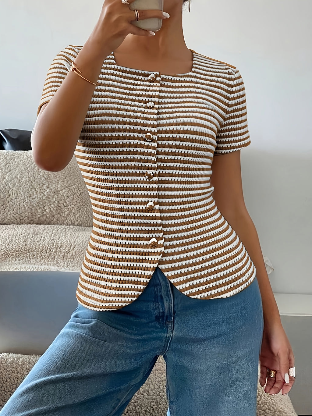 Women's Square-neckline Open-front Shirt with Textured Horizontal Stripes, a Cinched-waist Slim-fit Top Suitable for Commuting, Casual Wear, Vacation Outfits, Minimalist, and Vintage-style Office Attire - Rust