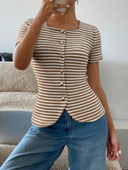 Women's Square-neckline Open-front Shirt with Textured Horizontal Stripes, a Cinched-waist Slim-fit Top Suitable for Commuting, Casual Wear, Vacation Outfits, Minimalist, and Vintage-style Office Attire - Rust