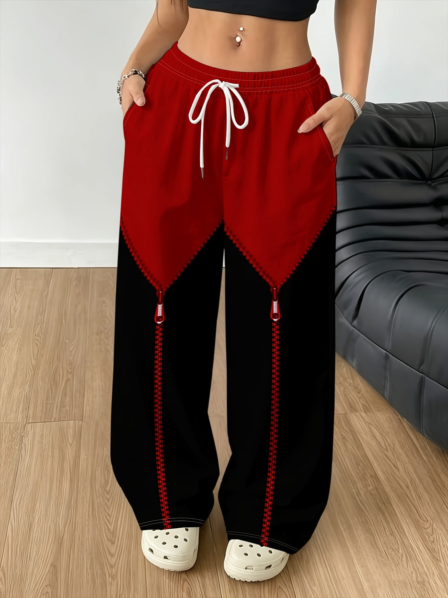 Printed Design - Not Textured Women's Printed Casual Long Pants, Diamond Zipper Print Pants, Trendy Style, Versatile for Daily Commuting, Shopping, and Casual Outings, Product Does Not Include Accessories - Mixed colors