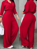 Women'S Spring Autumn Fashion Casual Shirt Button Drawstring Jumpsuit - Red