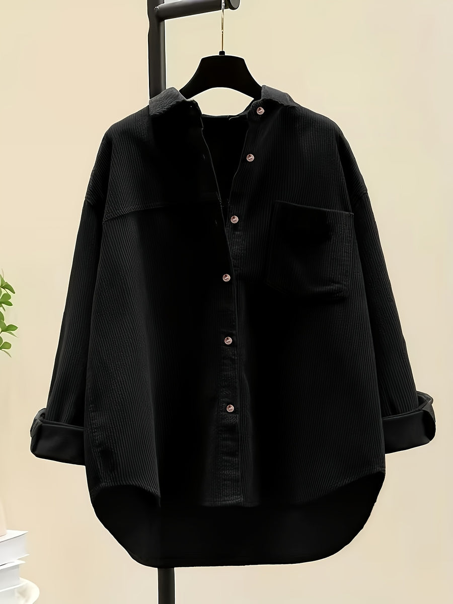 Plus Size, Women's Plus Size Corduroy Button-Front Shirt Jacket - Elegant Loose Fit Blouse, Spring Summer Fall Casual Outerwear, Machine Washable Layering Piece for to Weekend (No Bulk) - Black