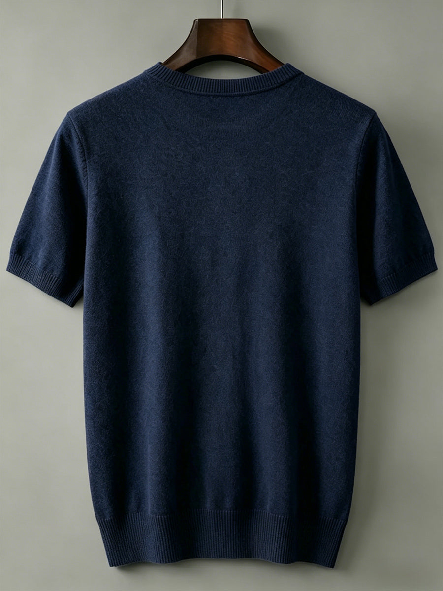 Men'S Round Neck Short Sleeve Knit Sweater Planet Easy Casual Base Layer Top - Navy Color