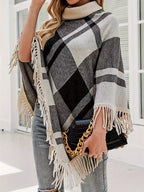 Spring/Autumn New Plaid Color-Block Fringe Shawl Women's High-Neck Irregular Pullover Sweater - Black