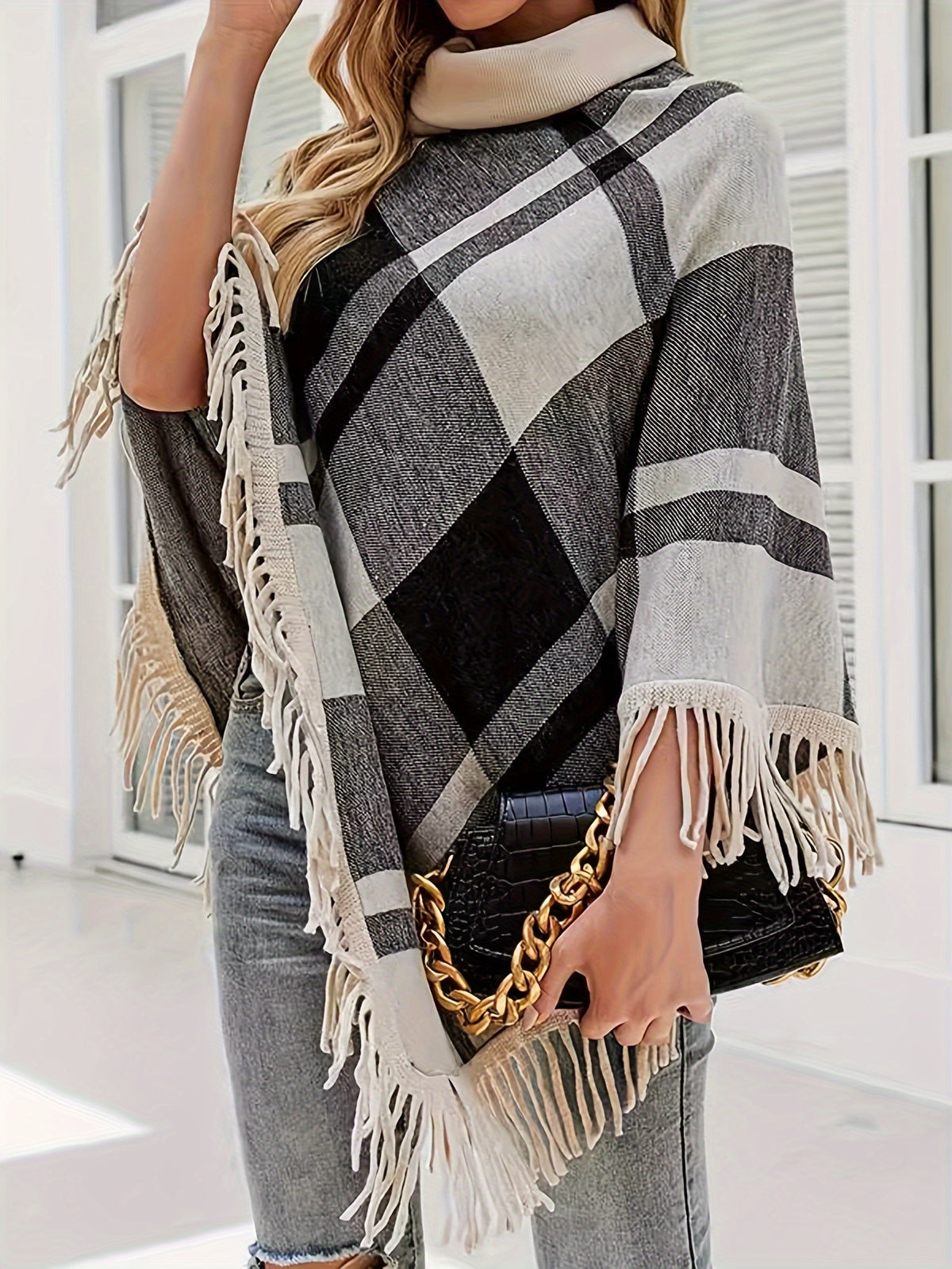 Spring/Autumn New Plaid Color-Block Fringe Shawl Women's High-Neck Irregular Pullover Sweater - Black