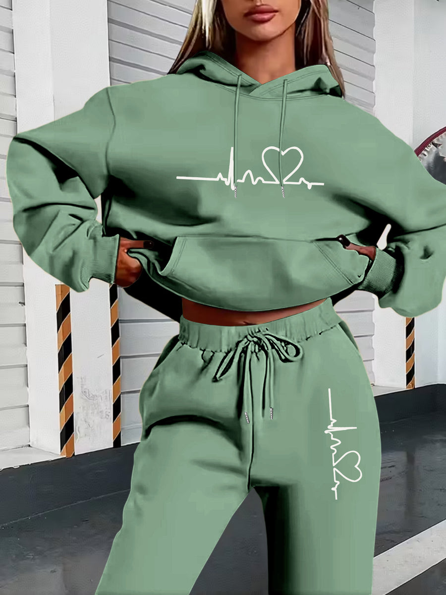 Autumn And Winter ECG Heart Pattern Printed Women'S European And American Fashion Fleece Hooded Sweatshirt Set for ' Casual Wear - Green
