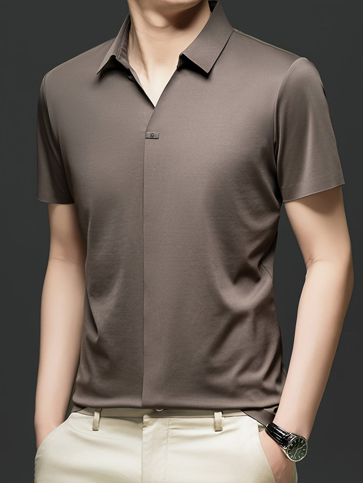 Summer New Men'S Short Sleeve Shirt Outerwear Fashion Trendy All-Match V-Neck Polo Collar - SINBOS - Coffee Color