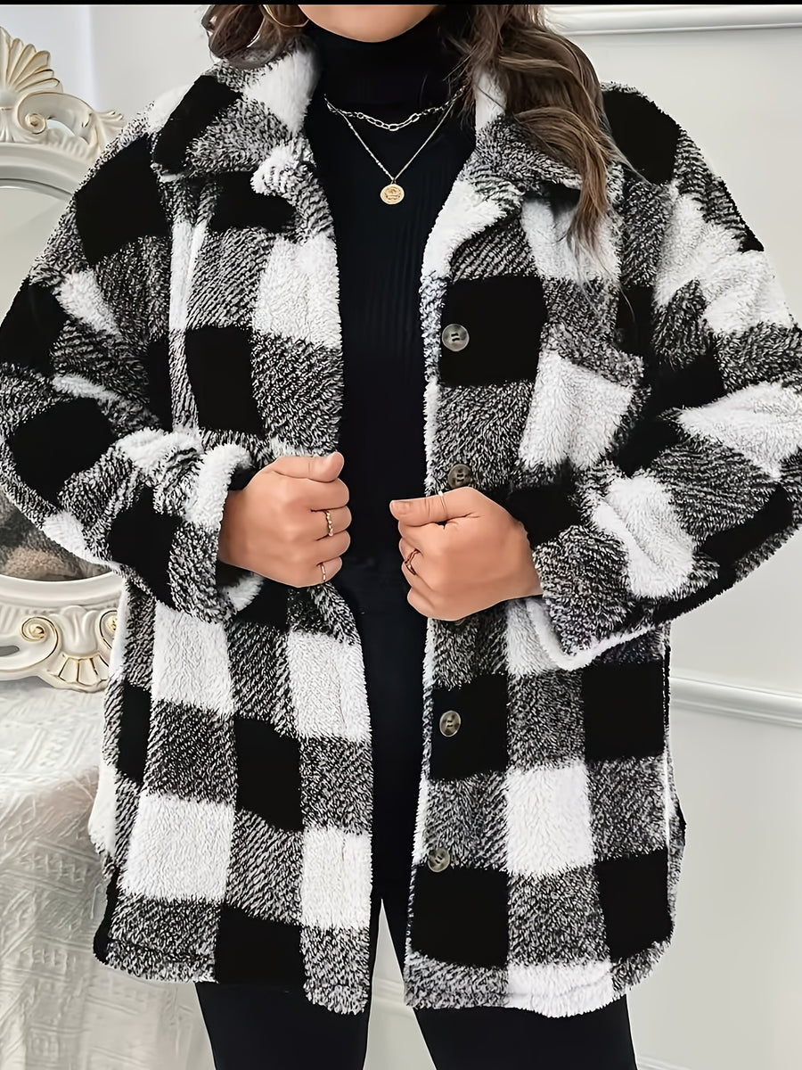 Women's Elegant Casual Plaid Jacket, Suitable for Travel, Leisure, and Strolling, a Warm, Loose-fitting Plush-patched Casual Coat - Black And White Grid