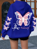 Women's Casual Printed Hoodie - Pink with Pattern Design, Self-Expression Text, Machine Washable, Regular Fit for Autumn/Winter, Suitable for Daily Wear, Home, and Outdoor - Fashionable Women's Hoodie, Comfortable Hooded Sweatshirt - Blue