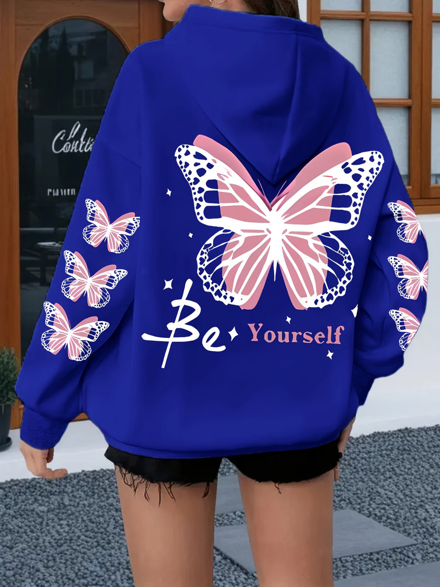 Women's Casual Printed Hoodie - Pink with Pattern Design, Self-Expression Text, Machine Washable, Regular Fit for Autumn/Winter, Suitable for Daily Wear, Home, and Outdoor - Fashionable Women's Hoodie, Comfortable Hooded Sweatshirt - Blue