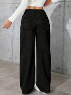 Women's Vintage Washed Jeans - Relaxed Straight Leg, Stretch Casual Pants, Classic Five-Pocket Design, All-Season Comfort, Durable Fabric, Wide-Leg Trousers, Easy Style - Black