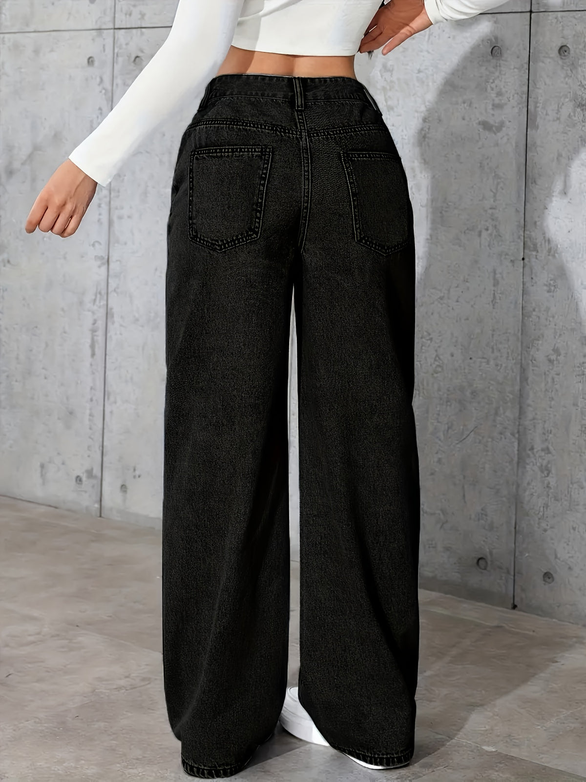 Women's Vintage Washed Jeans - Relaxed Straight Leg, Stretch Casual Pants, Classic Five-Pocket Design, All-Season Comfort, Durable Fabric, Wide-Leg Trousers, Easy Style - Black