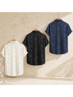 Men's 3pcs Botanical Floral Jacquard Short-Sleeve Shirt Set - Navy Blue, Ivory White, and Black, 100% Polyester, for Summer Beach Vacation Travel - Navy Blue + Ivory White + Black
