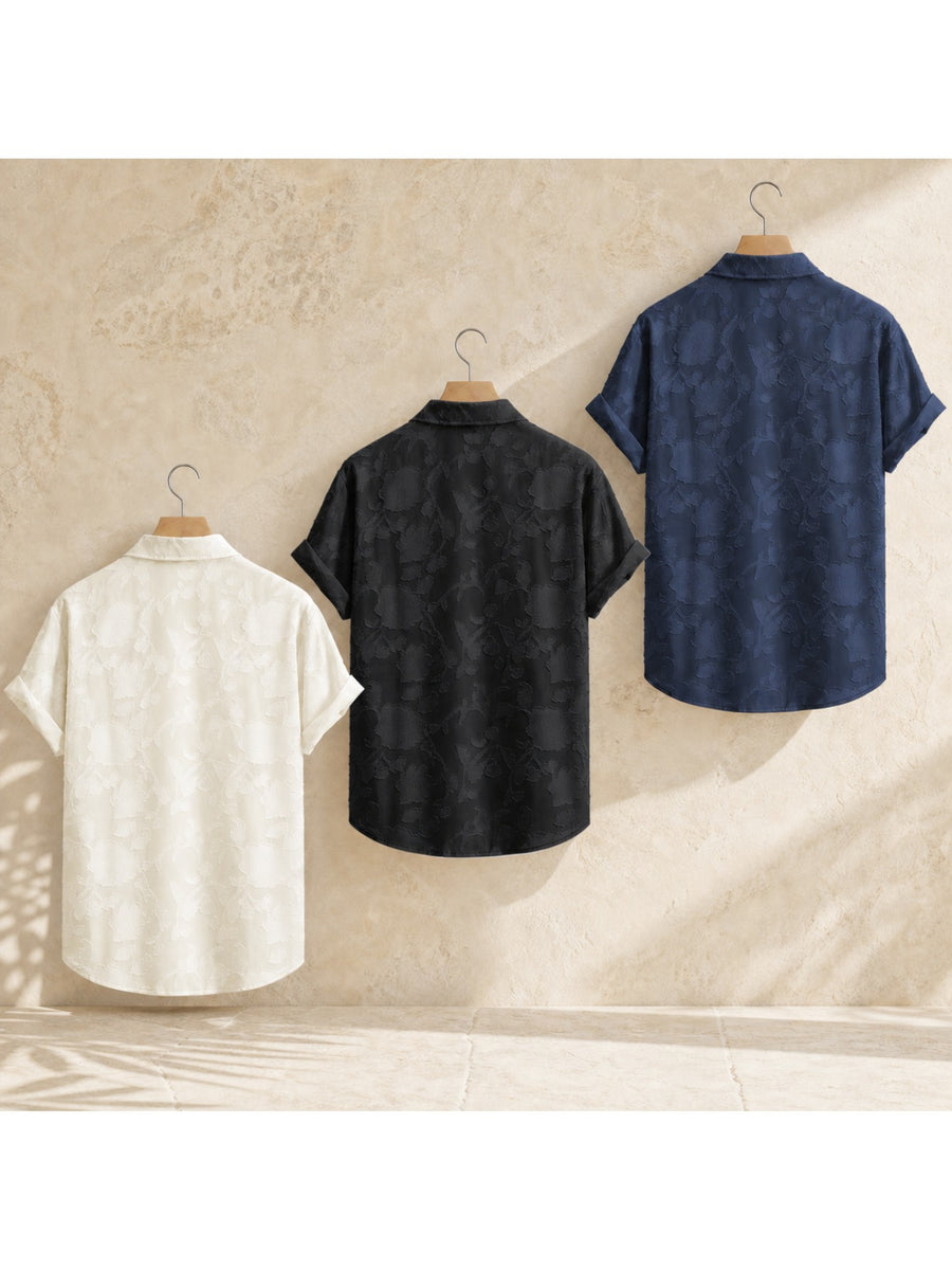 Men's 3pcs Botanical Floral Jacquard Short-Sleeve Shirt Set - Navy Blue, Ivory White, and Black, 100% Polyester, for Summer Beach Vacation Travel - Navy Blue + Ivory White + Black
