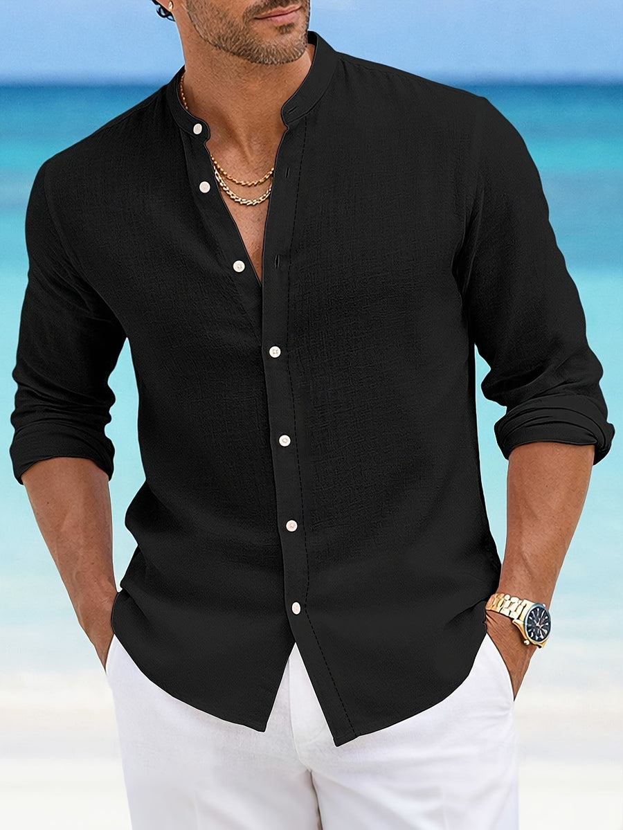 3pcs Set Men'S Stand-Collar Long Sleeve Shirt, Skin-Friendly And Breathable, Regular Retro Casual Top, Ideal Gift for Husband, Boyfriend, Father, Birthday And Holiday - White+gray+black