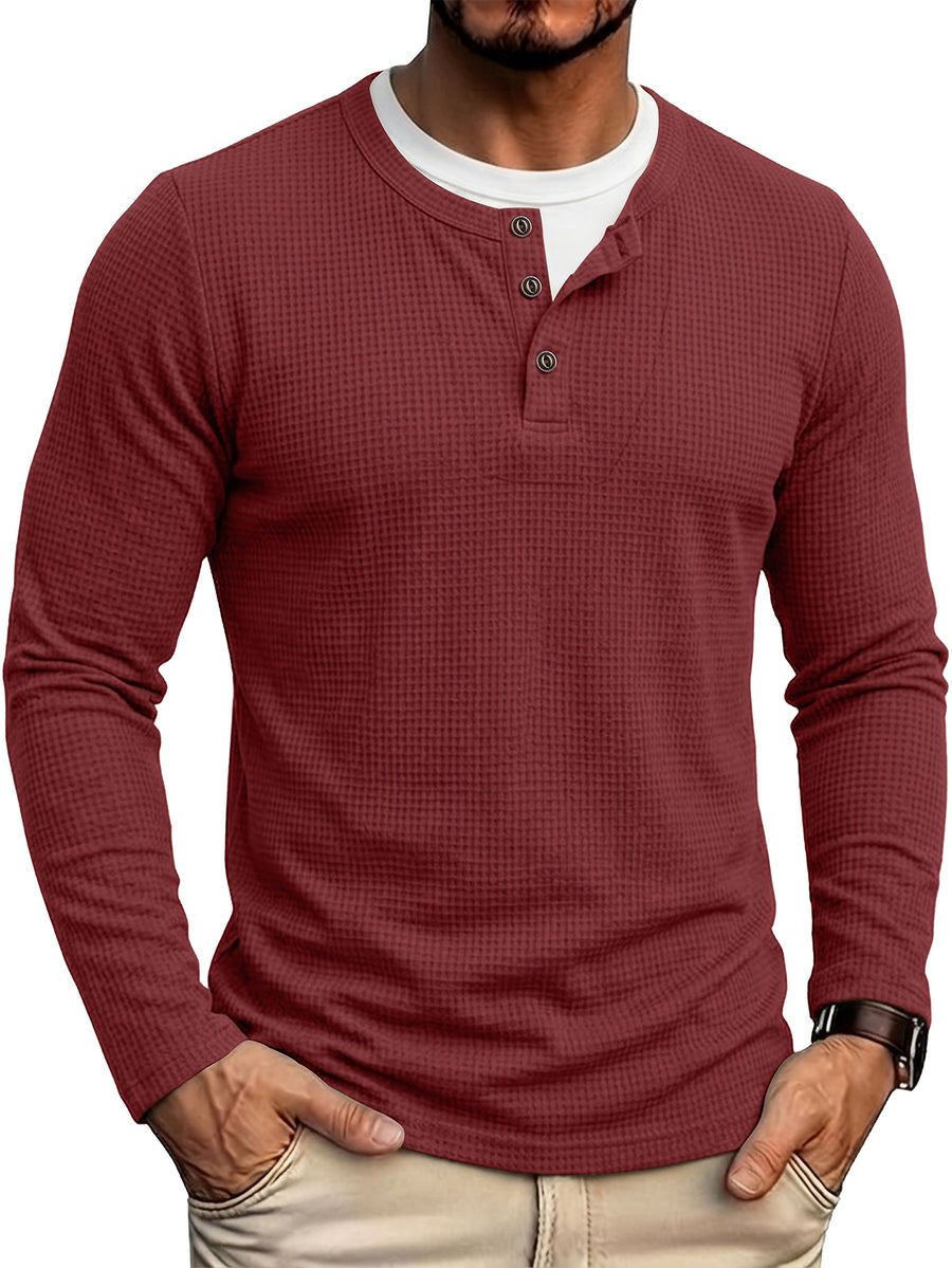 Autumn/Winter Cross-Border Men's Long Sleeve Crew Neck 2-in-1 Look Henley Shirt European and American Men's Pullover Base Layer T-shirt - Burgundy